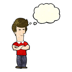 cartoon man with folded arms with thought bubble