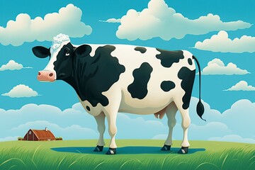 illustration, black and white cartoon standing holstein friesian cow, ai generative
