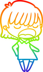 rainbow gradient line drawing cartoon woman talking loudly
