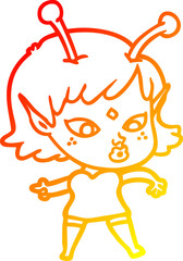 warm gradient line drawing pretty cartoon alien girl