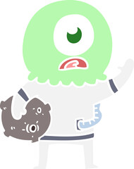 flat color style cartoon cyclops alien spaceman waving