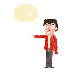 cartoon terrified man pointing with thought bubble