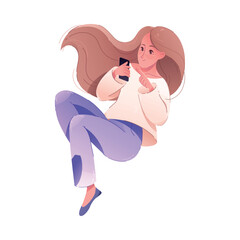 Young Teen Girl Using Smartphone as Mobile Device Floating in the Air Vector Illustration