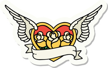 tattoo style sticker of a flying heart with flowers and banner