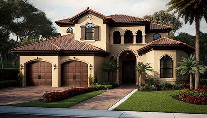 Obraz premium Florida real estate, beautiful house with garage, yellow, grey, brown