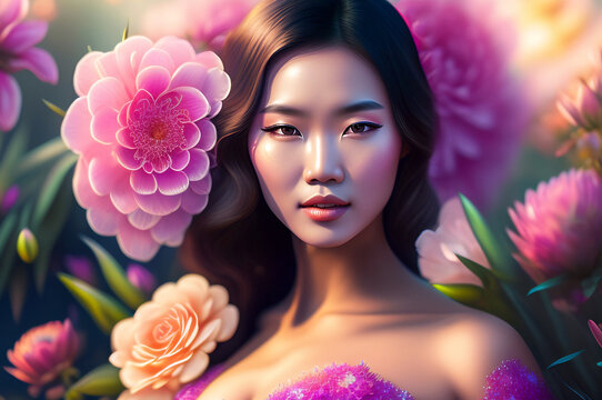 Generative AI painting. Portrait of beautiful Asian woman with pink flowers pose on floral background, Beauty and fashion concept