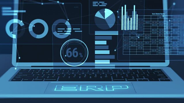 Front view of a laptop computer with an ERP software futuristic graphic interface, enterprise resource planning, business and technology concept, charts data and reports, corporate company management,