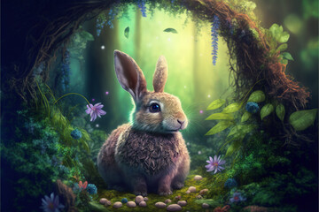Easter bunny in a beautiful forest - Generative AI