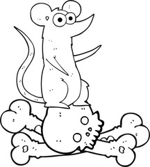 black and white cartoon rat on bones