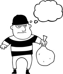 thought bubble cartoon burglar with loot bag