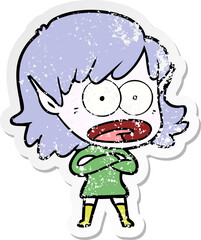 distressed sticker of a cartoon shocked elf girl