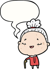 cartoon old woman and walking stick and speech bubble