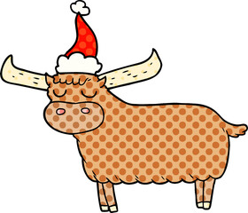 comic book style illustration of a bull wearing santa hat