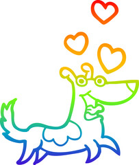 rainbow gradient line drawing cartoon dog with love hearts