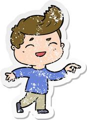 distressed sticker of a cartoon man laughing