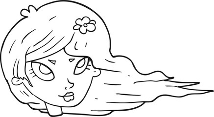 black and white cartoon woman with blowing hair