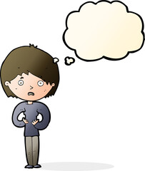 cartoon woman making Who Me? gesture with thought bubble