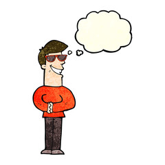 cartoon grinning man wearing sunglasses with thought bubble