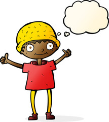 cartoon boy with positive attitude with thought bubble
