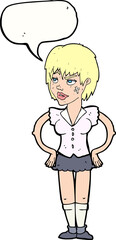 cartoon tough woman with hands on hips with speech bubble