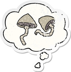 cartoon mushrooms and thought bubble as a distressed worn sticker