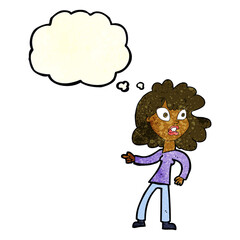 cartoon worried woman pointing with thought bubble