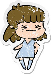 distressed sticker of a cartoon angry girl