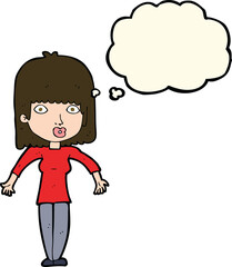 cartoon woman shrugging with thought bubble