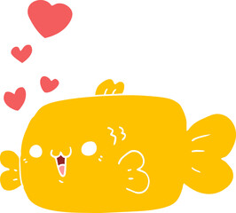 cute flat color style cartoon fish with love hearts