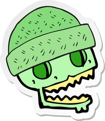 sticker of a cartoon skull wearing hat
