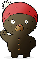 cartoon waving black teddy bear in winter hat