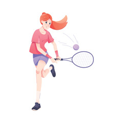 Obraz na płótnie Canvas Redhead Woman Character Playing Tennis Engaged in Sport Physical Activity Vector Illustration