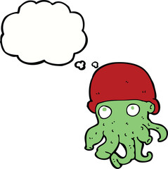 cartoon alien head wearing hat with thought bubble