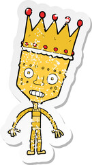 retro distressed sticker of a cartoon robot with crown