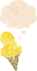 cartoon ice cream and thought bubble in retro textured style