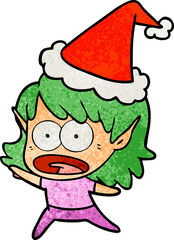 textured cartoon of a shocked elf girl wearing santa hat
