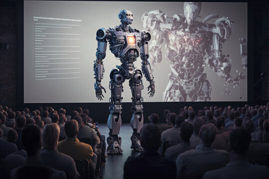 Presentation of the robot in a huge hall with spectators with a projection screen. Photorealistic shot generated by AI.