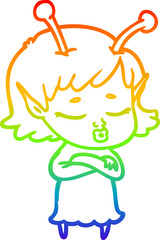 rainbow gradient line drawing cute alien girl cartoon