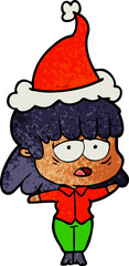 textured cartoon of a tired woman wearing santa hat