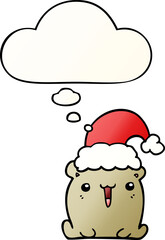 cute cartoon bear with christmas hat and thought bubble in smooth gradient style