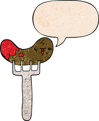 cartoon sausage and fork and speech bubble in retro texture style