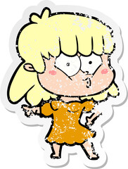 distressed sticker of a cartoon whistling girl