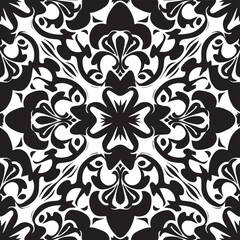 The beautiful symmetric black and white damask pattern is highlighted by the intricate arabesque and floral elements in this luxurious victorian wallpaper print.