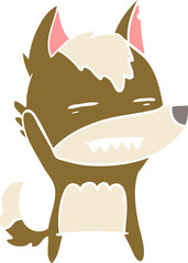 flat color style cartoon wolf waving showing teeth