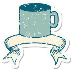 grunge sticker with banner of cup of coffee
