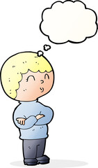 cartoon boy with folded arms with thought bubble