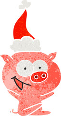 cheerful sitting pig retro cartoon of a wearing santa hat