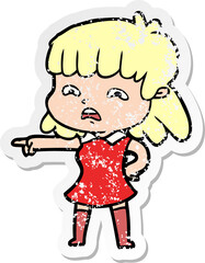 distressed sticker of a cartoon worried woman