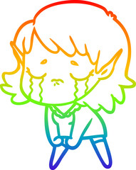 rainbow gradient line drawing cartoon crying elf girl