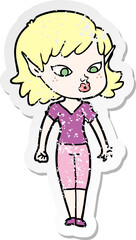 distressed sticker of a pretty cartoon elf girl